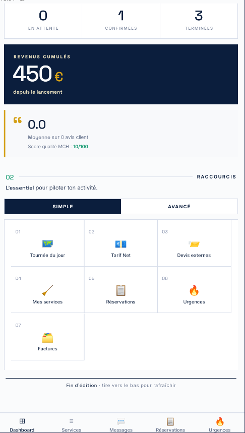 MCH App — Dashboard pro avec revenus et raccourcis