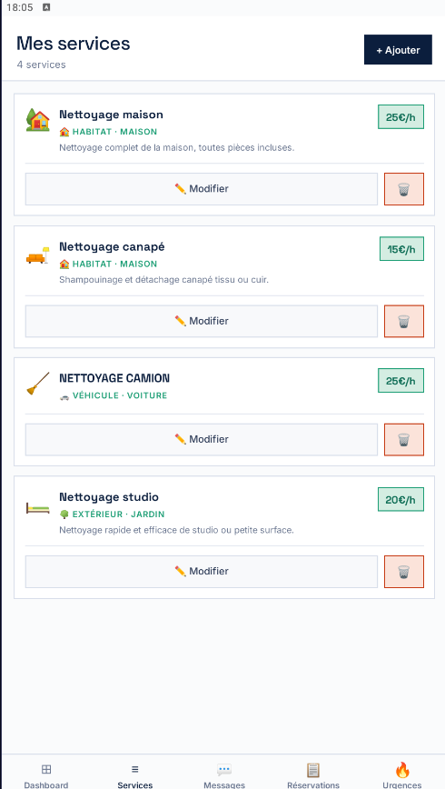 MCH App — Mes services : 4 services configurés (maison, canapé, camion, studio)