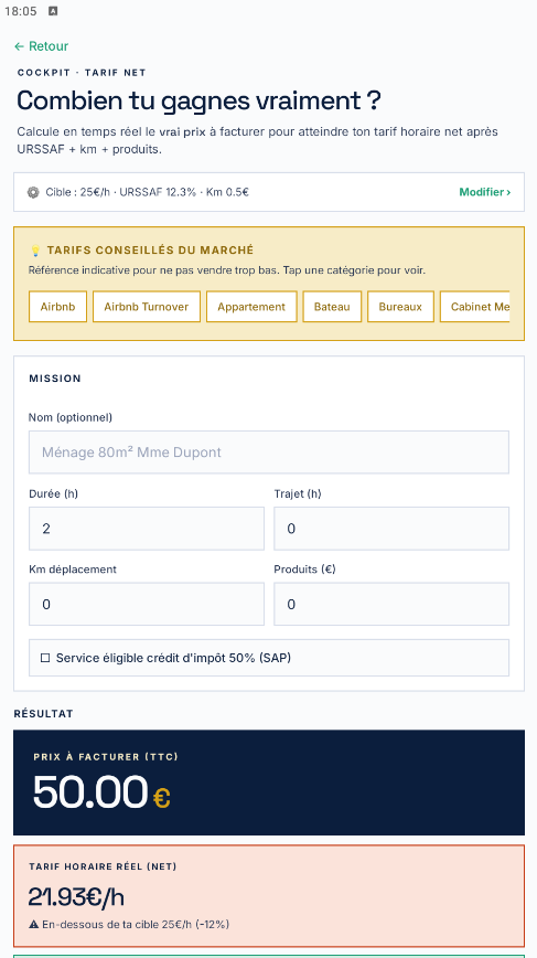 MCH App — Tarif Net : combien tu gagnes vraiment après URSSAF + km + produits
