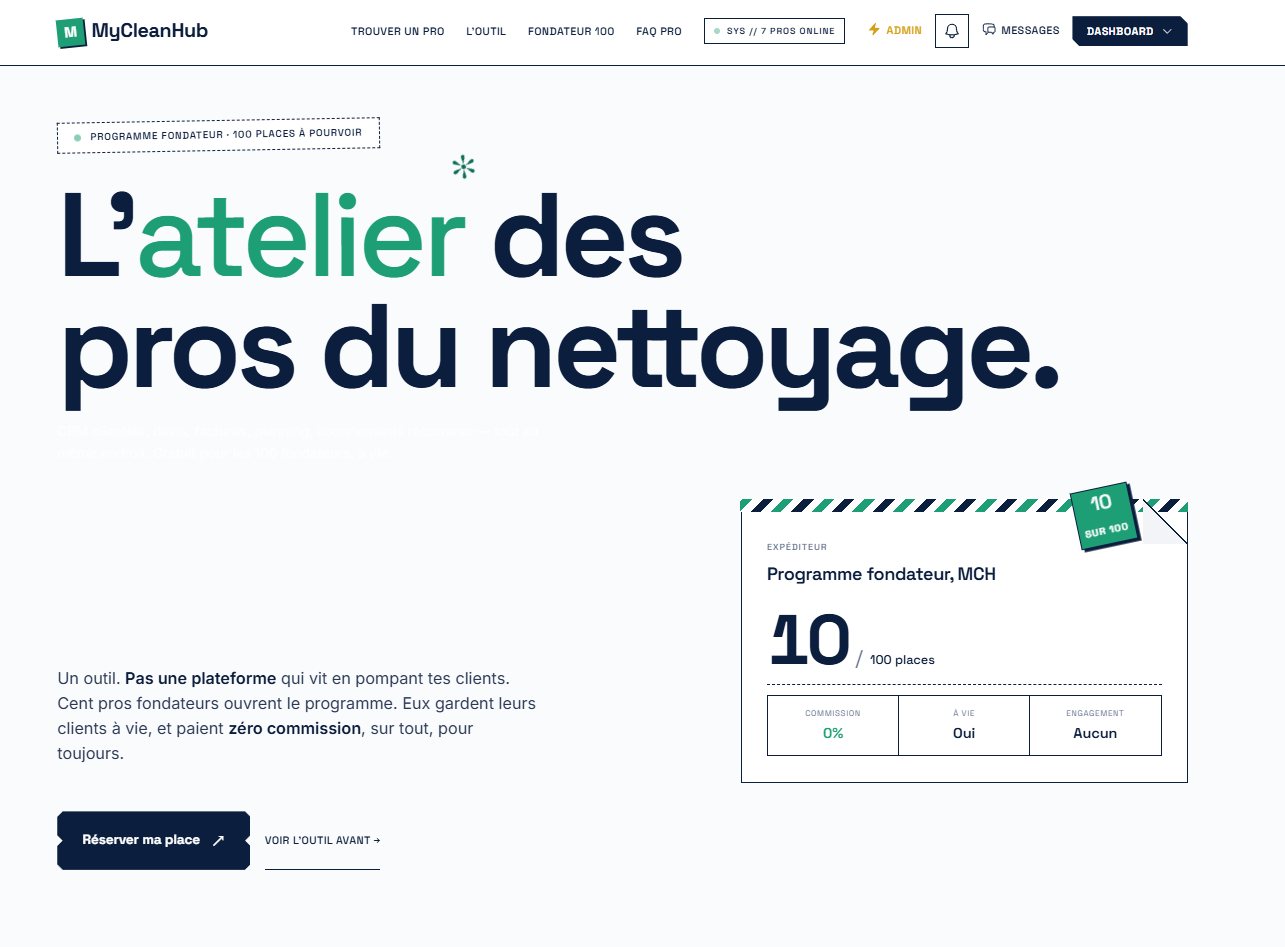 Hero MyCleanHub — Programme fondateur, 100 places à pourvoir